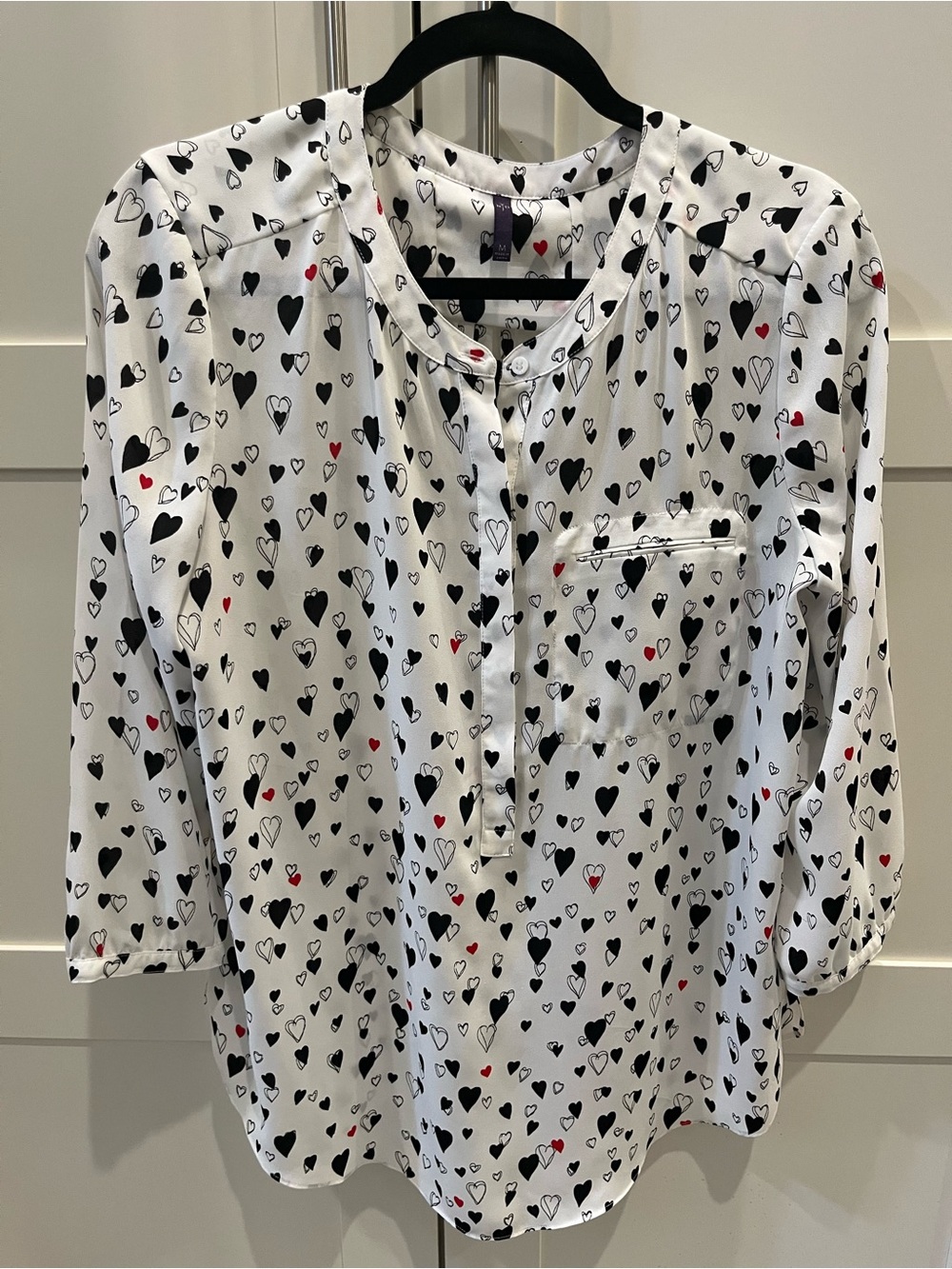 NYDJ Heart Print Blouse Black White Red 3/4 Sleeve Size M